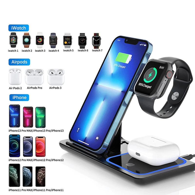 Carregador sem fio Stand Pad para iPhone, carregamento rápido Dock Station, Samsung S23, S22, Galaxy Watch 5, 4, Active Buds, 15, 14, 13, 12, 3 em 1