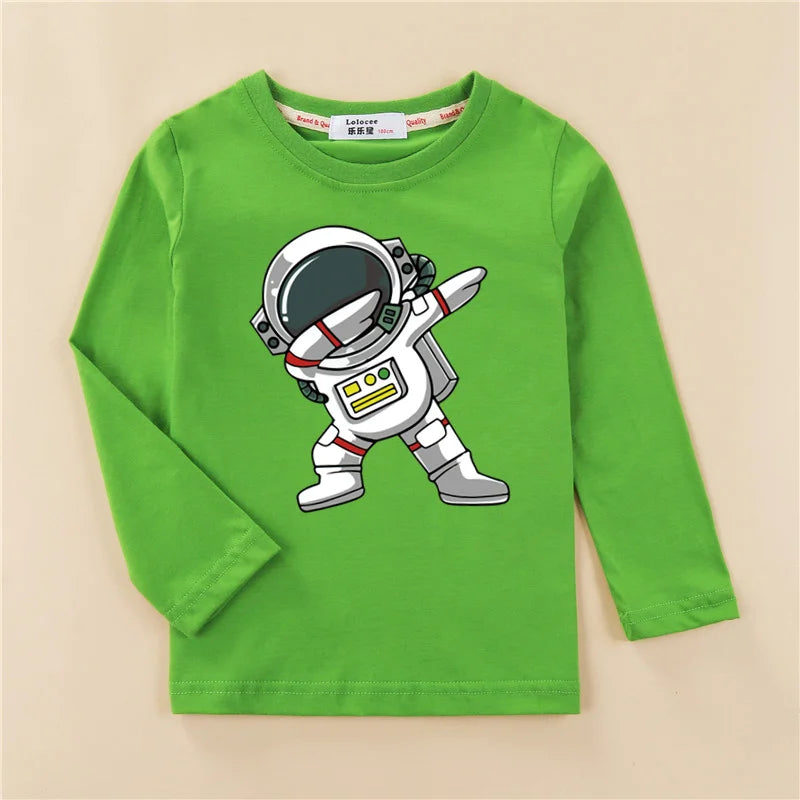 T-shirt infantil de astronauta dos desenhos animados, camisa de manga curta para meninos, tops de verão, novo, 3-14t, 2024