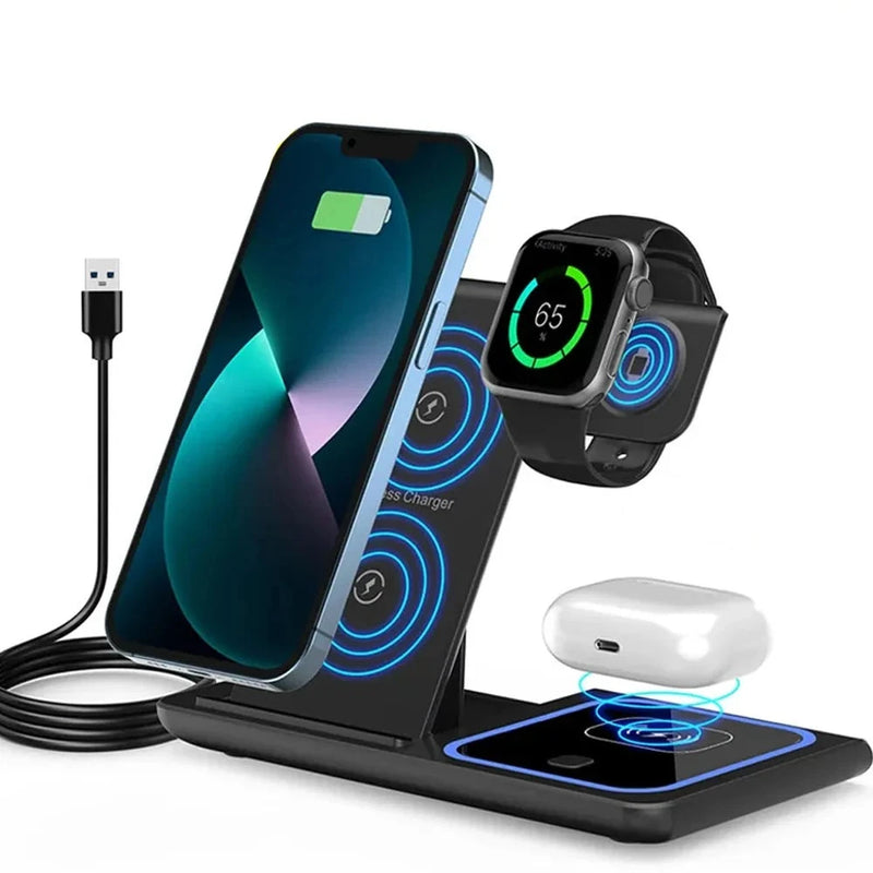 Carregador sem fio Stand Pad para iPhone, carregamento rápido Dock Station, Samsung S23, S22, Galaxy Watch 5, 4, Active Buds, 15, 14, 13, 12, 3 em 1